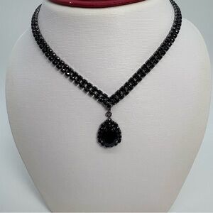 Black Crystal Teardrop Rhinestone Necklace And Earrings, Brand New